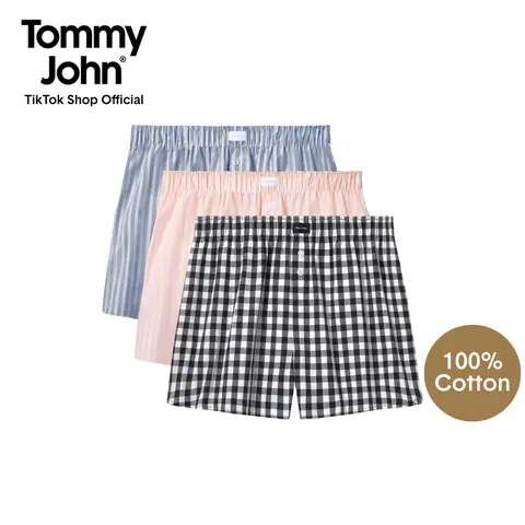 Tommy John Women’s Woven Boxer Shorts - 100% Cotton Fabric, Breathable, Plush Waistband, Tulip Hem Fit, Elastic, 3 Pack, Day Essential, Graphic Design, Pockets