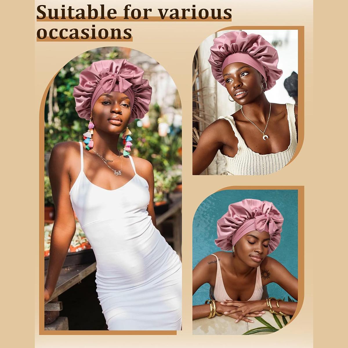 Large Double Layer Solid Satin Bonnets Silk Like Texture for Sleeping Cap with Elastic Band Reversible for Curly Hair Bonnets Gifts for Women