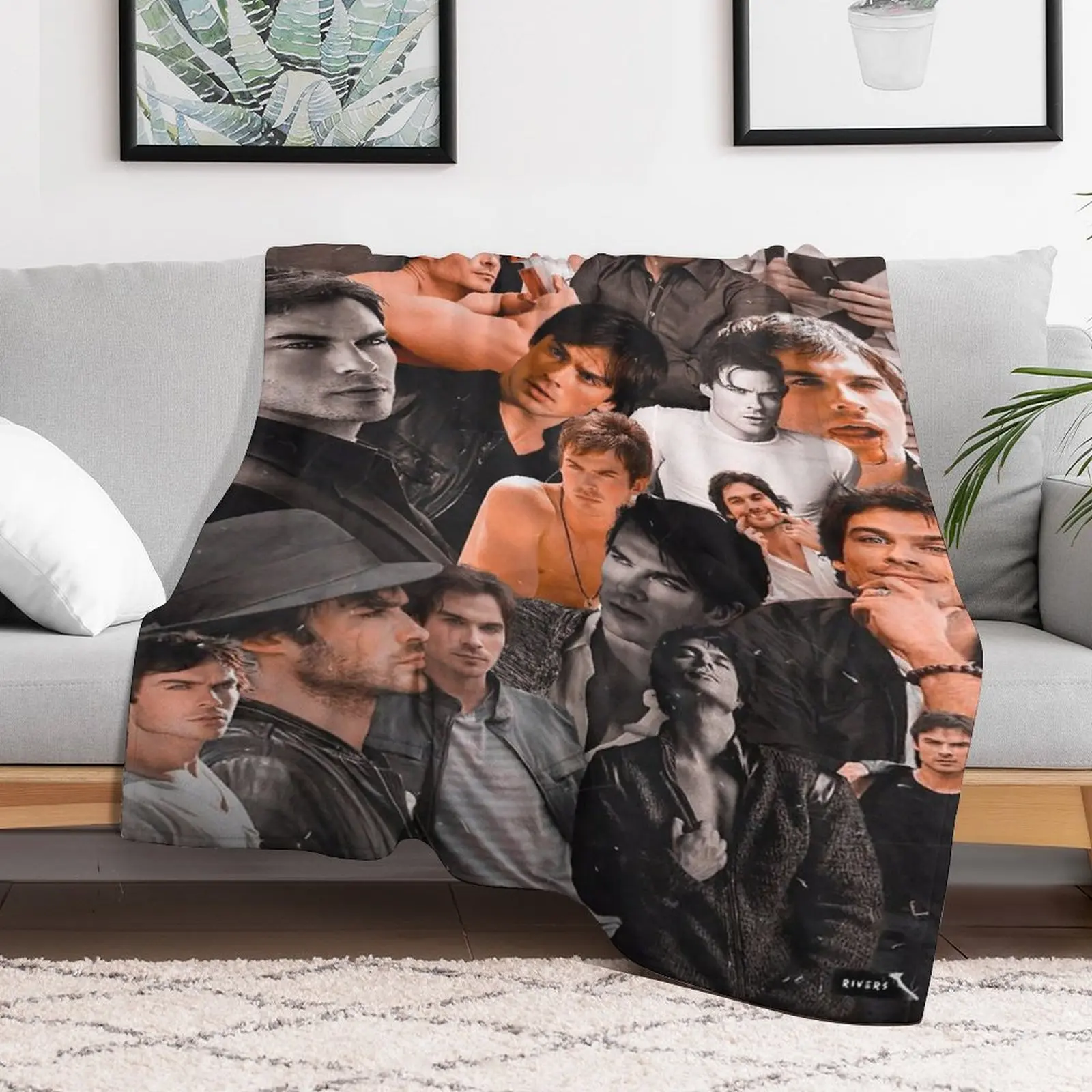 Ian Somerhalder Photo Collage Throw Blanket, Damon Salvatore The Vampire Diaries Fan Flannel Blanket, Soft Anti-Static Lightweight Decor Blanket for Sofa Bed
