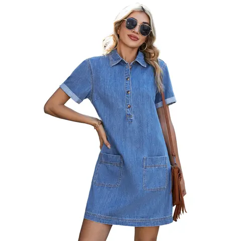 Sidefeel Women's Denim Dress Short-Sleeve Henley Neck Casual Denim Dress with Pockets Fall Outfit