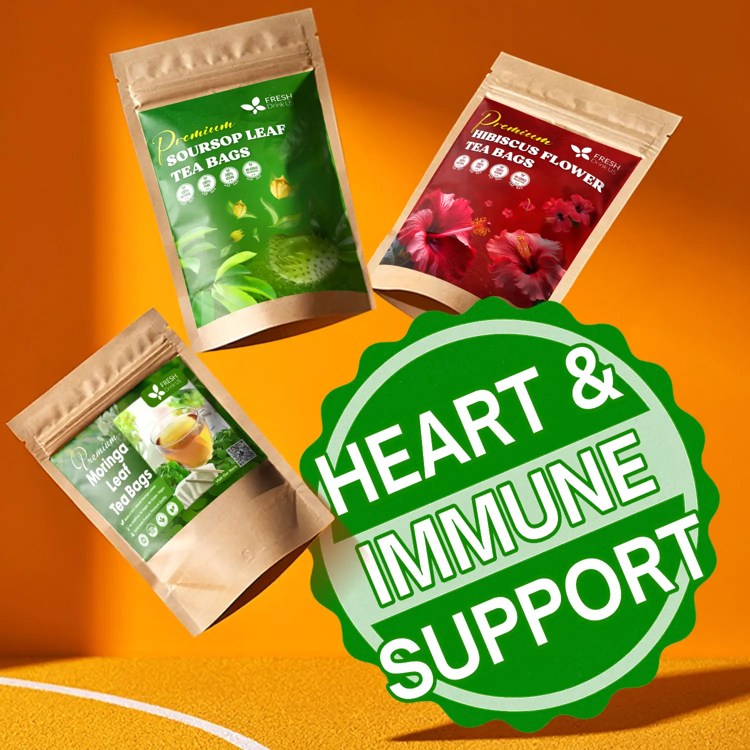 【FreshDrinkUS】 Heart & Immune Support Trio, Soursop Graviola Leaf, Hibiscus Flower & Moringa Leaf Herbal Tea Bags, 100% Natural & Pure Leaves and Flowers, No Sugar, No Caffeine, No Gluten, Vegan – Herbal Beverage