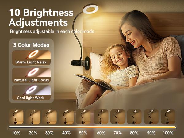 LED Clip-on Reading Light for Bed - 3 Color Modes & 10 Dimmable Brightness Levels - Eye-Caring Desk Lamp