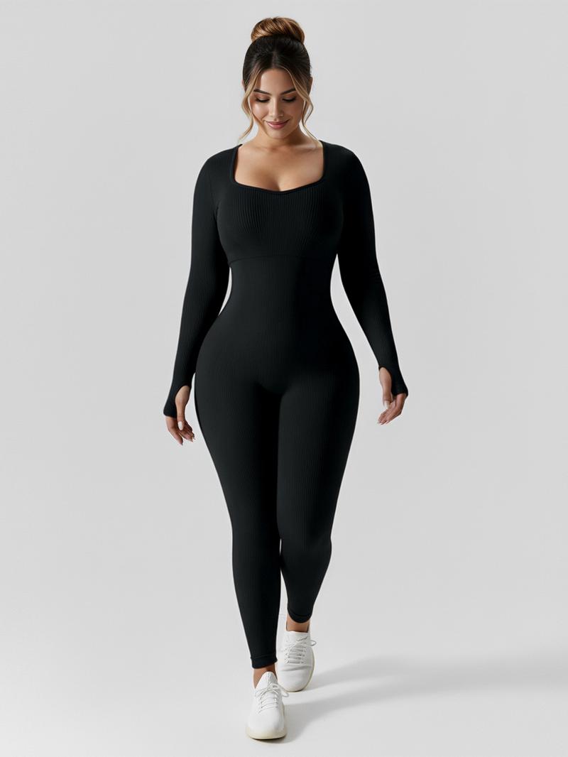 Women's High-Waisted Yoga Bodysuit Quick-Dry Long Sleeve Workout Top with Removable Pads High-Elasticity Slim Fit for Running Gym & Training Solid Black All-Season Fitness Apparel Tummy Control Jumpsuit Stylish Activewear