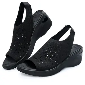 Women's Wedge Sandals with Rhinestones | Adjustable Arch Support, Air Cushion Heel | Orthopedic, Breathable Knit, Machine Washable | Comfortable Summer Walking Shoes