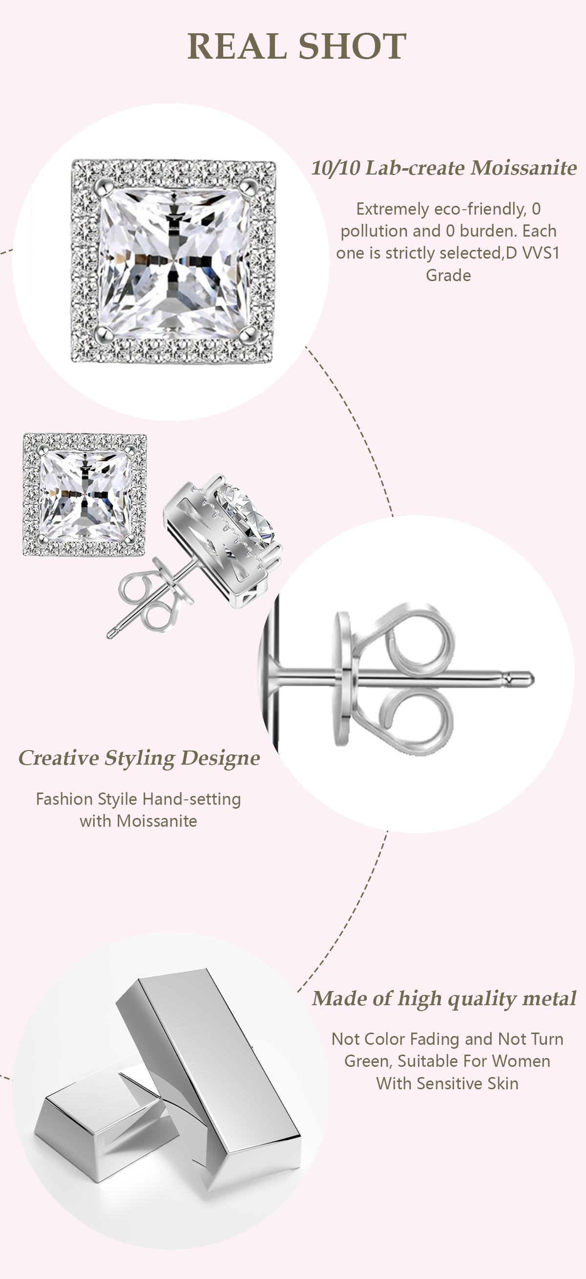 Delzzad S925 Princess Halo Synthetic Moissanite Stud Earring Daily Costume Jewelry Accessories Perfect Birthday Wedding Anniversary Gifts for Women Wedding Set Hypoallergenic Party