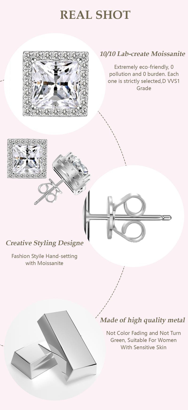 Delzzad S925 Princess Halo Synthetic Moissanite Stud Earring Daily Costume Jewelry Accessories Perfect Birthday Wedding Anniversary Gifts for Women Wedding Set Hypoallergenic Party