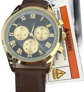 Men's Watch with Gold Accents and Roman Numerals on Black Dial Brown Leather Strap