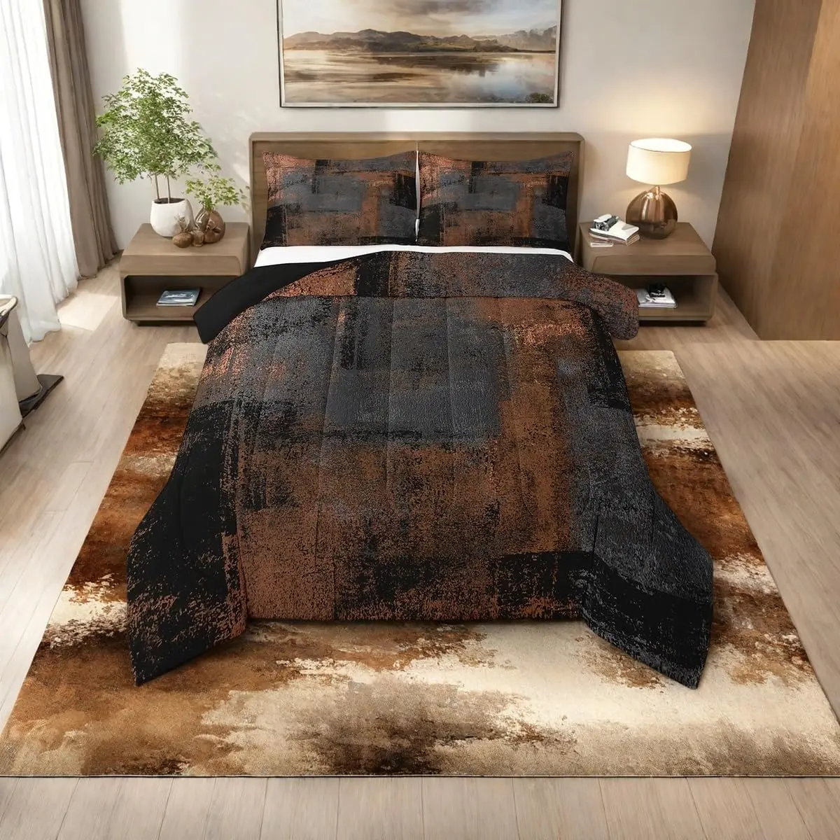 Feelyou Queen Comfy Bedding Set - Breathable Polyester Duvet Insert, Soft Quilt Set with Black/Brown/Grey Grunge Watercolor Ombre, Retro Abstract Hippie Graffiti Design, Decorative Bedding for Cool Room Decor, Comfy Bedding Sets