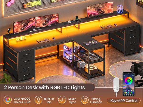 SEDETA 94.5 Inch 2 Person Gaming Desk Long Office Computer Desk with LED Lights 8 Storage Drawers Power Outlet