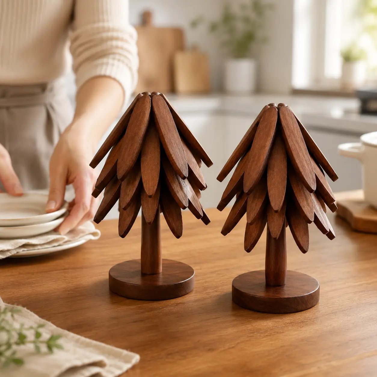 Wooden Coasters Set Christmas Tree Design Foldable for Hot Dishes Home Kitchen Decor