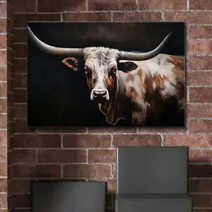 2D Flat, 1pc Texas Longhorn Bull Canvas Wall Art- Modern Framed Wrapped Canvas with Wood Frame, Ready to Hang, Contemporary Western Decor for Home Office Living Room, Mother's Day Gift, Western Room Decor, Readytohang Artwork, Sophisticated Style	
