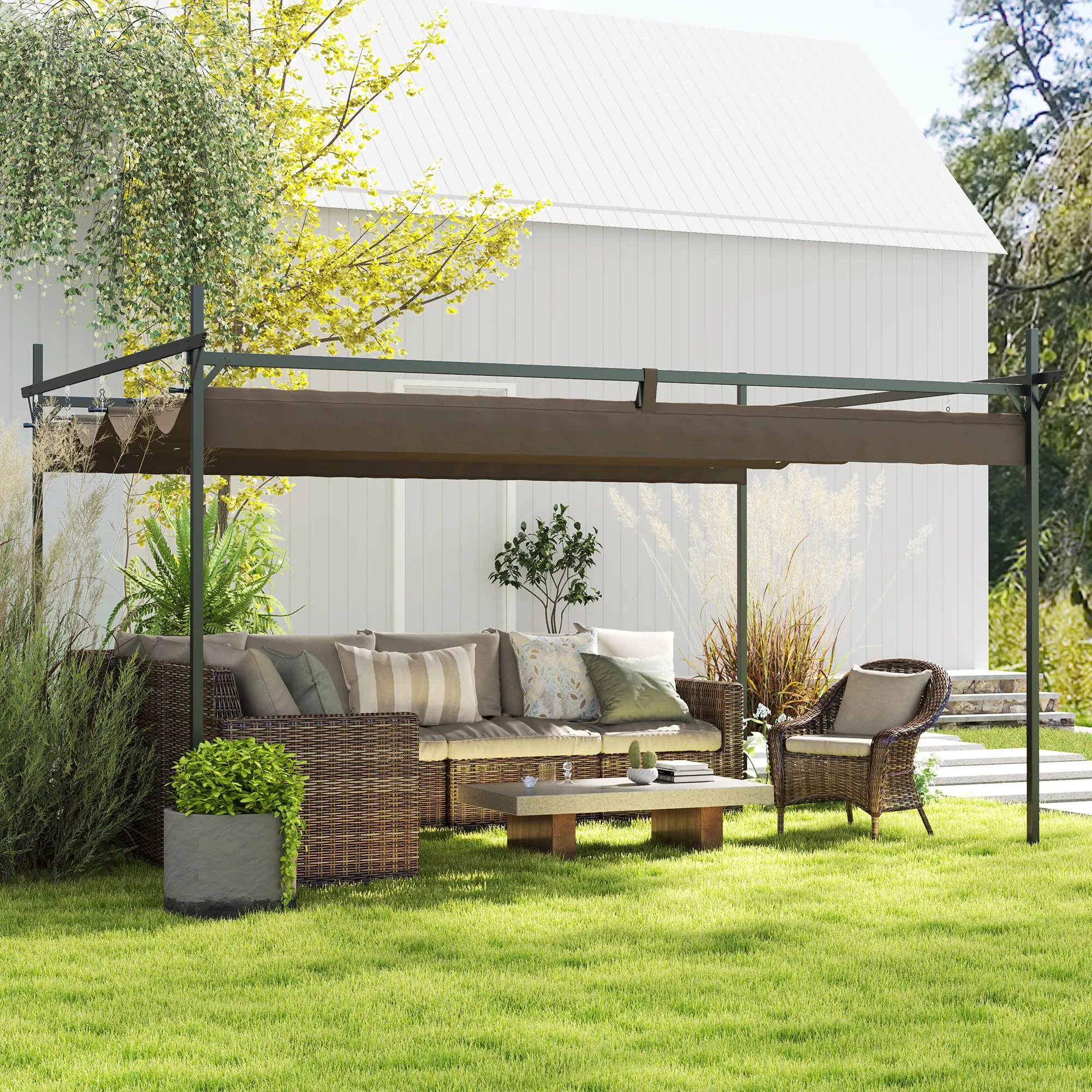 10' x 13' Metal Retractable Pergola Canopy – Brown. 180g PA-Coated UPF30+ Splashproof Fabric. Slide Back & Forth for Sun/Airflow Control. Powder-Coated Steel Frame. Stakes & Screws