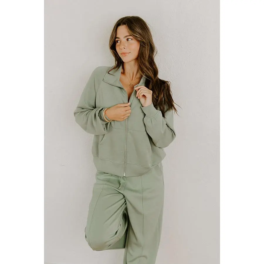 Morning Dew Scuba Zip-Up Sweater in Sage