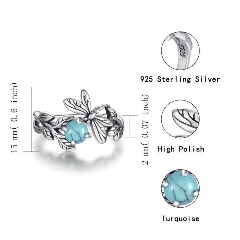 925 Synthetic Turquoise Open Ring with Unique Dragonfly and Leaf Design, Unique and Vintage Sterling Silver Adjustable Ring Jewelry for Women&Men, Unisex Gift to Friends, Pagan and Ethnic Style