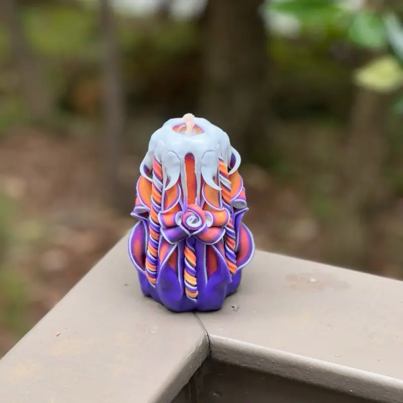 Carved Candle Home Decor; Purple and Orange