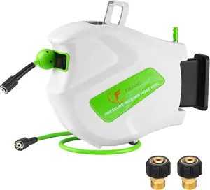 Pressure Washer Hose Reel with Hose, 1/4" × 65ft Retractable Power Washer Reel with Hidden Handle, Wall Mounted High Pressure Hose Reel Auto Rewind, 3600 PSI