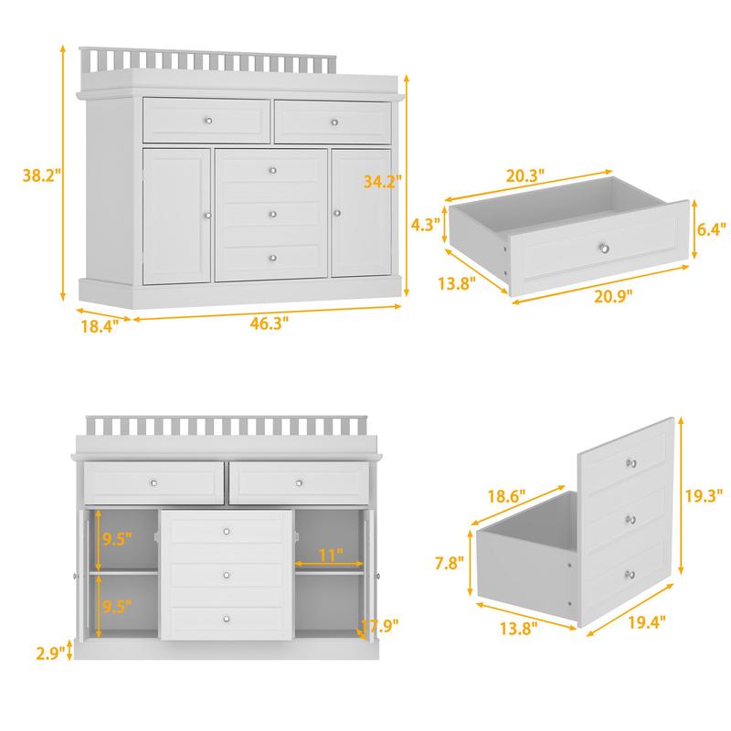 FUFU&GAGA Deborah Changing Table Dresser Antique White with Exposed Shelves, 5 Exposed Drawers & Space for Changing Pad, High-Quality Engineered Wood