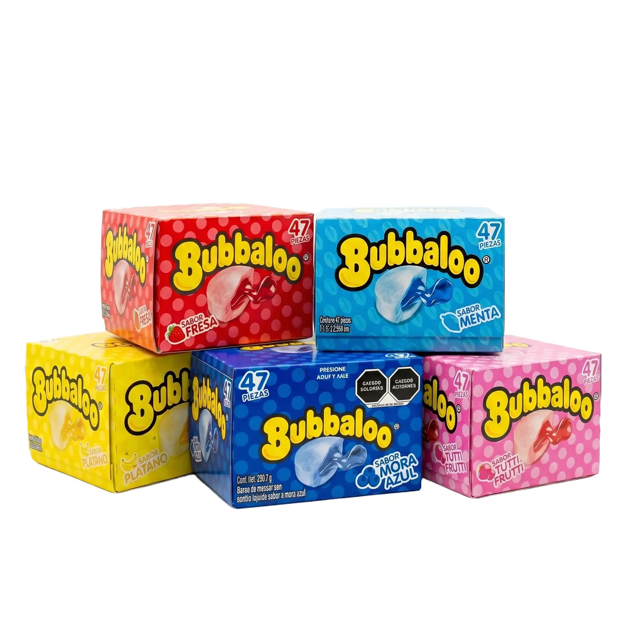 Bubbaloo Super-Soft Trans Fat-Free Low-Fat Liquid-Filled Bubble Gum, 47-Piece Bulk Box, Classic Latin Sweet Snack, 24-Month Shelf Life, 6 Flavorings (Banana, Strawberry, Blue Raspberry, Mint, Tutti-Frutti, Blueberry), Party Favor Candy, Xanthan Gum, Glyce