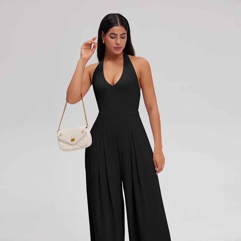 OQQ Women's Ribbed Backless One-Piece Jumpsuits - Wide Leg Sleeveless Deep V-Neck Casual Fashion Sporty Aesthetic Chic Everyday Outfit