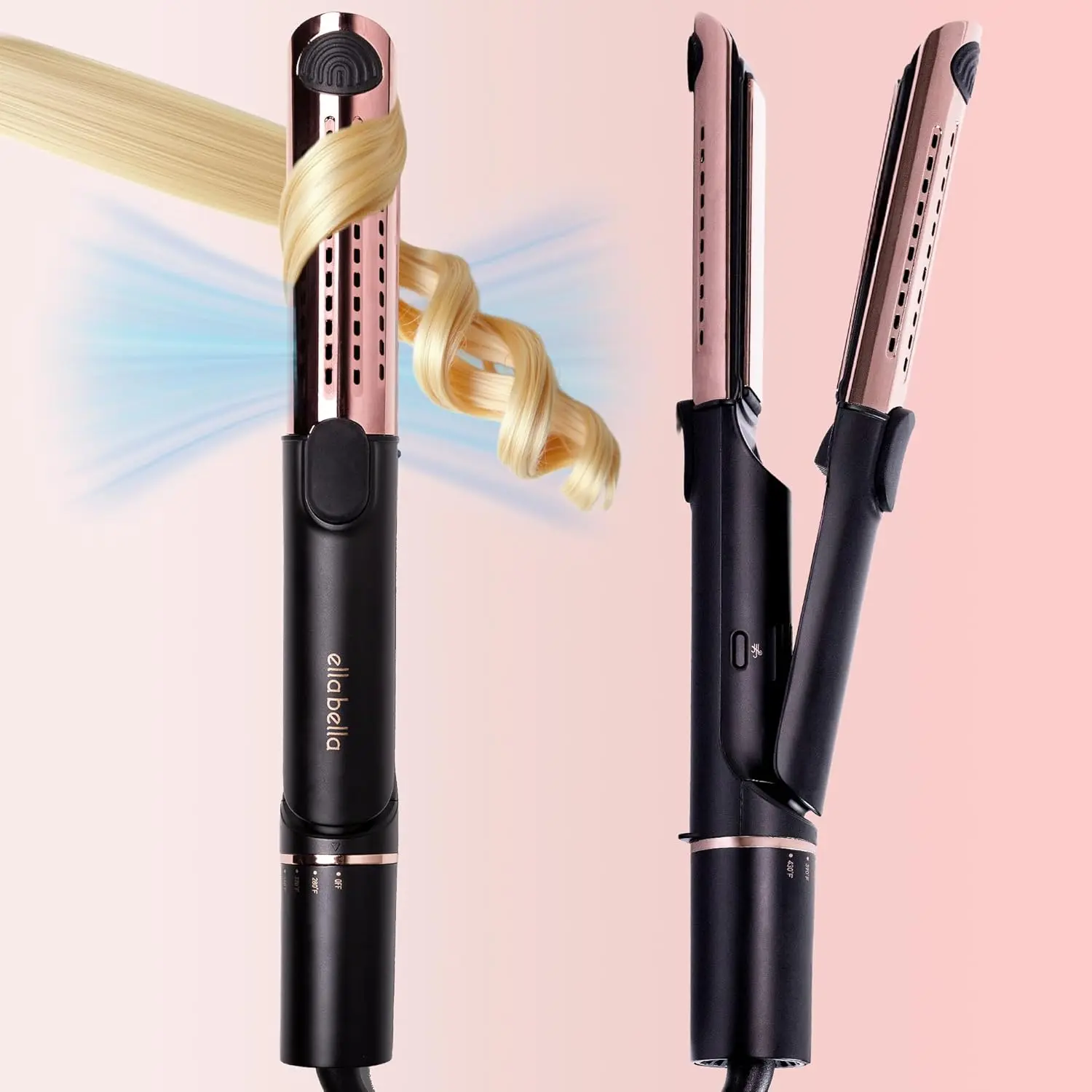 ELLA BELLA Hair Straightener and Air Curler 2 in 1 with Titanium Flat Iron and Cooling Air Vents for Effortless Styling and Professional Salon Results