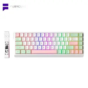 FURYCUBE IP68S Gaming Keyboard,Wireless and wired keyboards 68 Keys with Ribbon, RGB Backlit Membrane Keyboard, PBT Keycaps, BT/2.4GHz/USB-C Tri-mode Cute Ergonomic Silent Keyboard for PC, Mac, PS4, Xbox One, Office, Gift, Light, Smooth,Gaming
