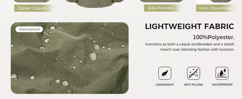 Fisoew Women's Oversized Lightweight Jacket Hooded Trench Coat Windbreaker Waterproof Raincoat With Pockets For Outdoor Casual Adjustable Drawstring Waist & Turtle Neck Convertible Hood Check Chic FallFreshness Womenswear Fit polyester trench coat Fisoew Women's Oversized Lightweight Jacket Hooded Trench Coat Windbreaker Waterproof Raincoat With Pockets For Outdoor Casual Adjustable Drawstring Waist & Turtle Neck Convertible Hood Check Chic FallFreshness Womenswear Fit polyester trench coat