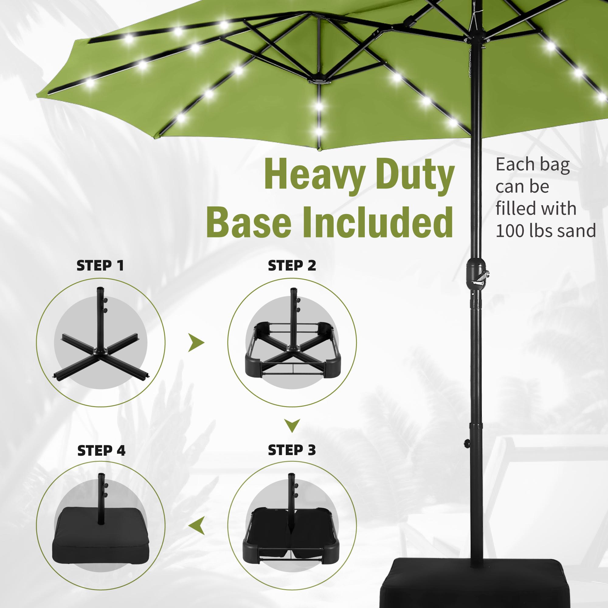 PHI VILLA Double-Sided Outdoor Patio Umbrella 15 ft Large with Crank, Steel Pole, Metal Frame, Includes Base, Easy to Clean, Solar LED Lights