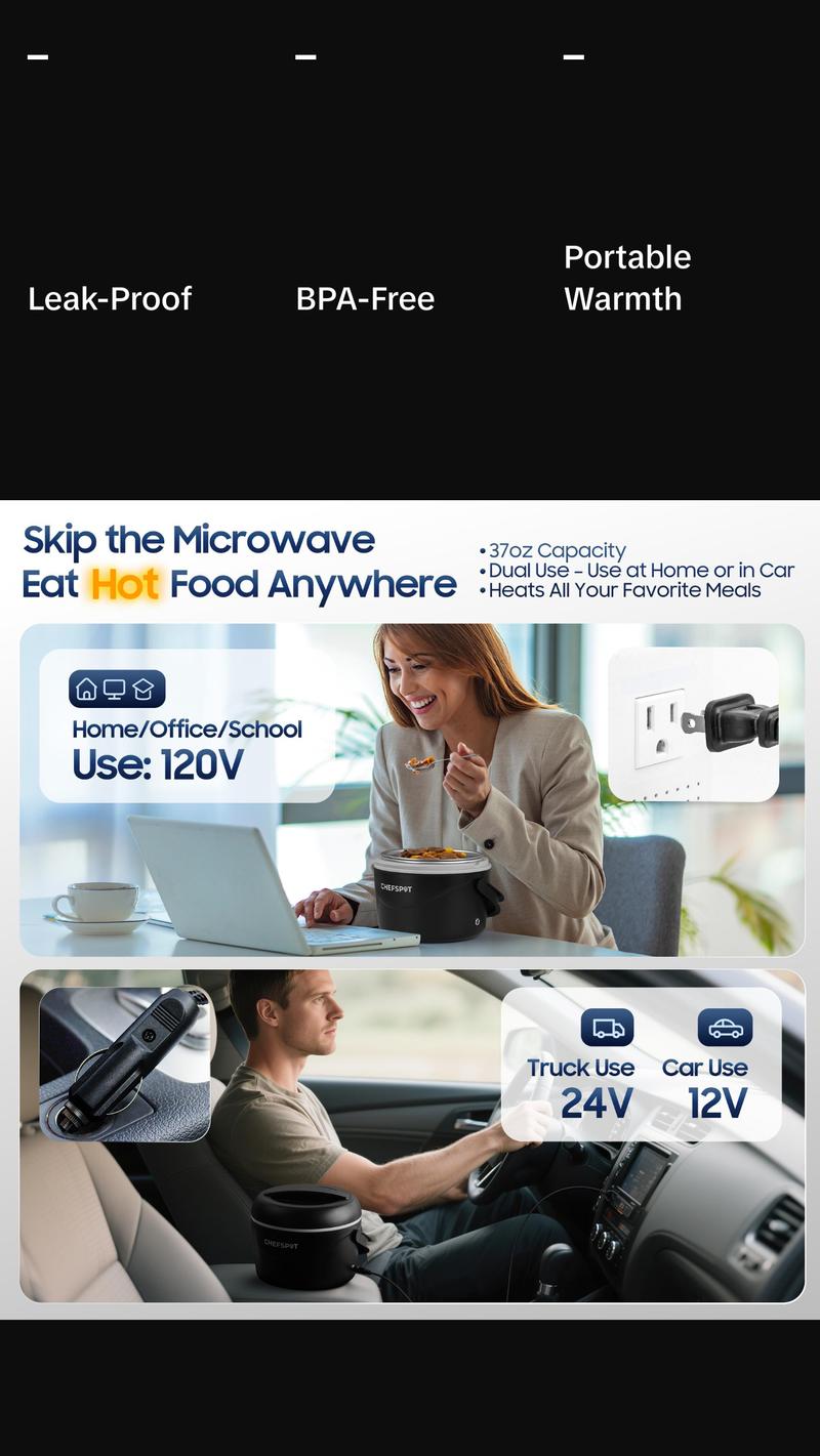 CHEFSPOT 37oz Electric Lunch Box Portable Food Warmer for Car & Home 12V/110V Heated Lunch Box with Stainless Steel Container Leak-Proof BPA-Free Includes Bag & Utensils