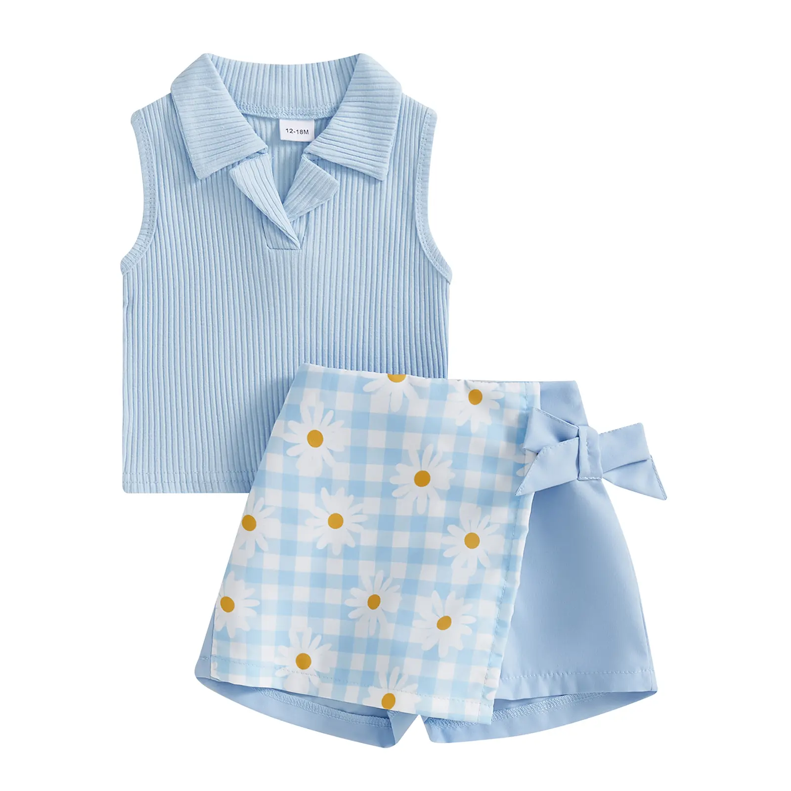 Toddler Baby Girl Outfit Ribbed Sleeveless Lapel Collar Polo Shirt Tank Tops Daisy Floral Plaid Bow Wrap Skort Skirt Shorts Cowgirl Clothes #Summervibes