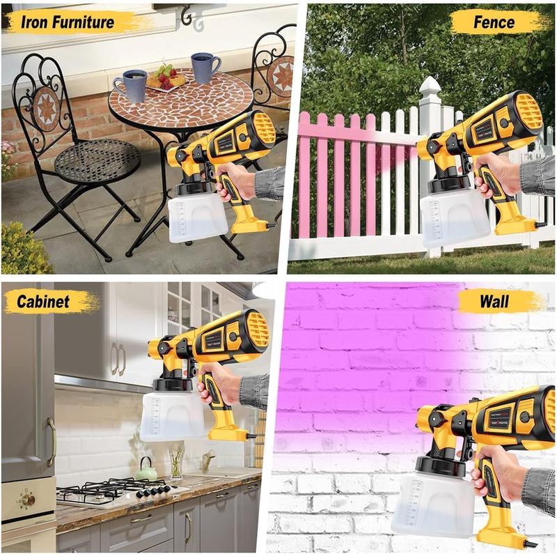 HVLP portable 850W-watt electric paint spray gun with four nozzles,adjustable spray width and flow,ten accessories included,and a large 1000ml container.Suitable for furniture,walls,fences,wood, DIY home decoration, events and holidays.