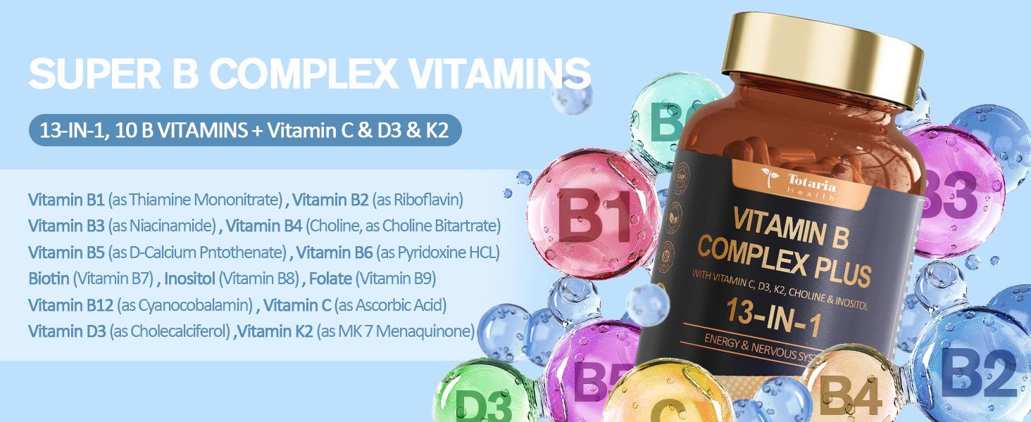 Totaria 13-in-1 Vitamin B Complex Plus with Vitamin B1, B2, B3 (Niacinamide), B4, B5, B6, B7 (Biotin), B8 (Inositol), B9 (Folate), B12, C, D3, K2 - Energy, Nerve, Immune, Skin Support - 120 Vegan Capsules Healthcare Supplement
