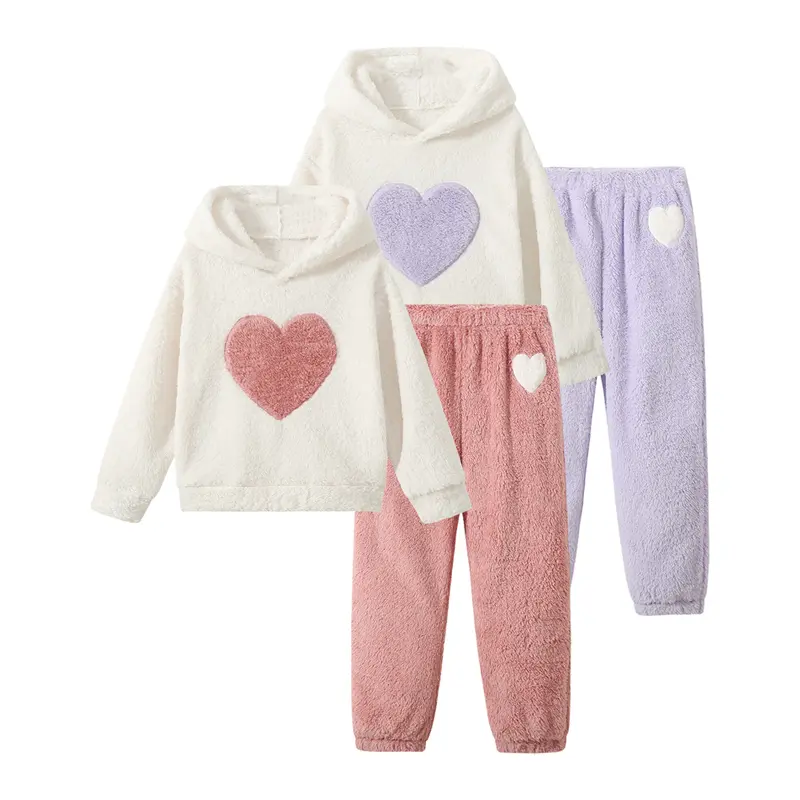 #backtoschool Girls' 4-Piece Winter Hooded Fleece Suit, Toddler Kids Clothing Girls (4-5 Years & 6-14 Years), Heart-Print Skin-Friendly Warm Long-Sleeved Tops & Trousers, Cute Fashion Hoodies