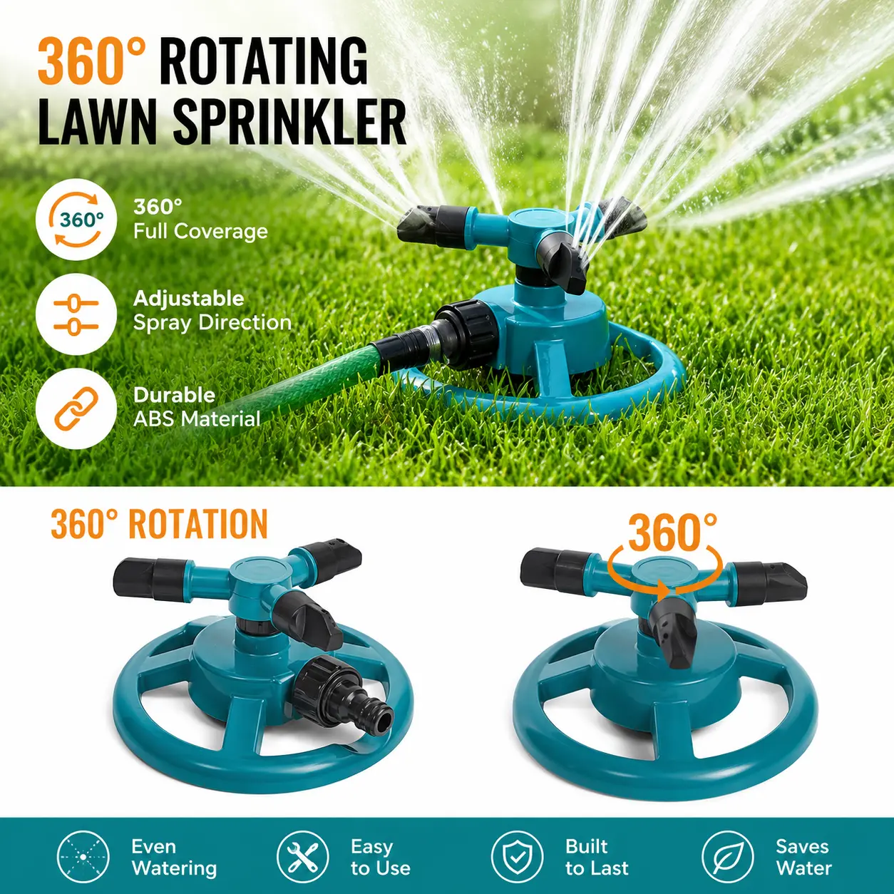 summerwins 360° Coverage Lawn Sprinkler, Automatic Watering Systems Tool with 360-Degree Rotation, Water-Saving, Easy Installation, Durable Build, Stable Base for Backyard Outdoor Use