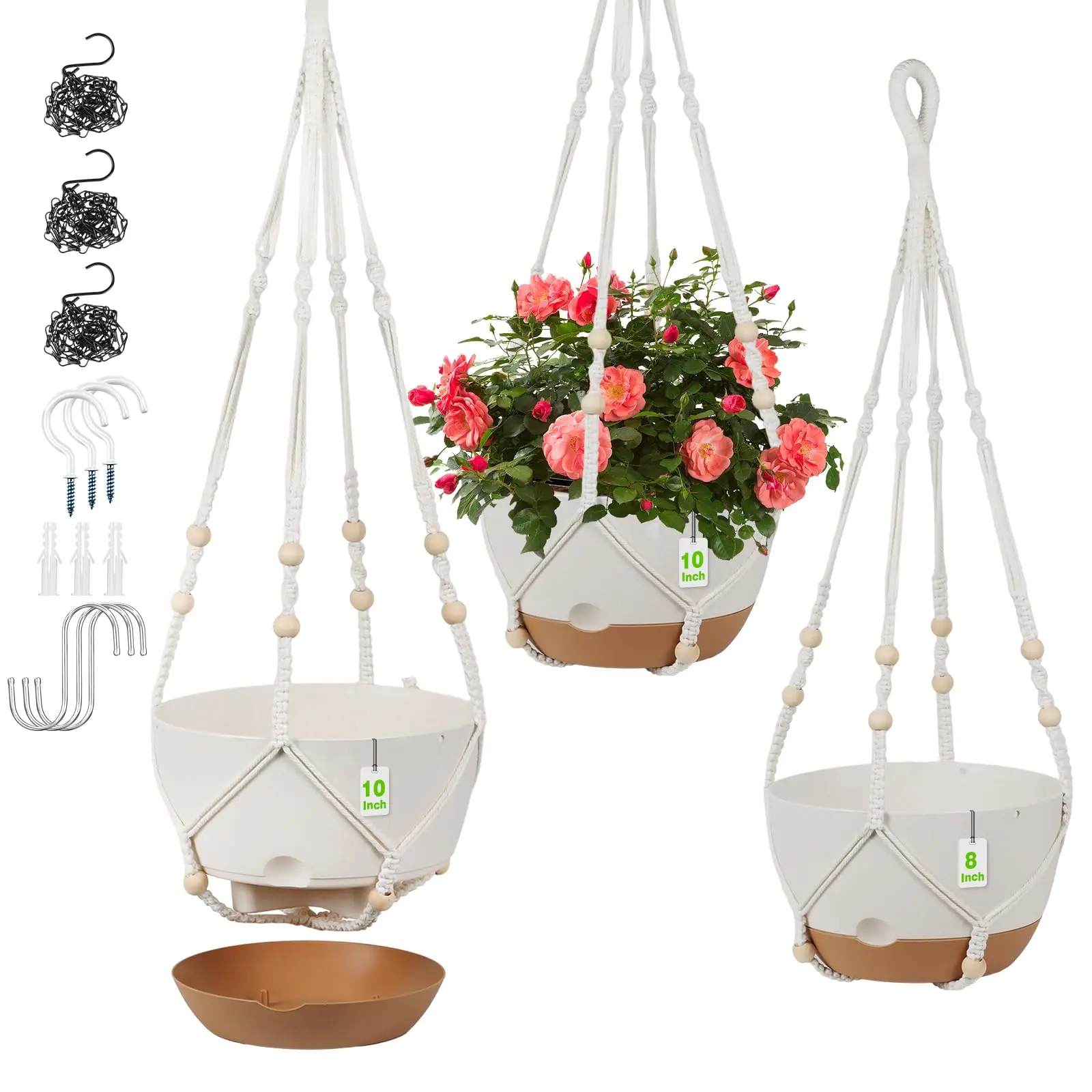 3 Pack Hanging Planters for Indoor Plants, 10 + 10 + 8 Inch Self-Watering Hanging Plant Pot, Macrame Plant Hanger with Pot, Ceiling Hooks, Removable Saucer and Drainage Holes for Garden Home