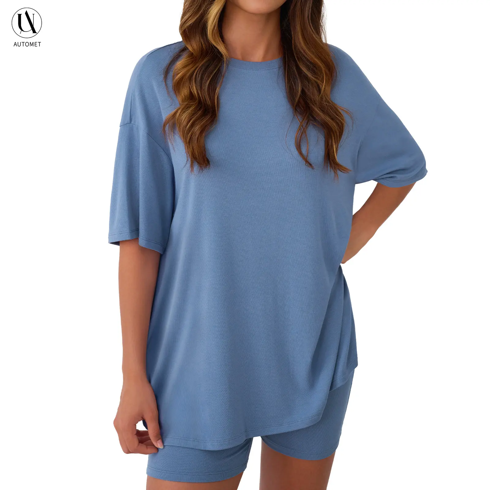 AUTOMET Women's 2026 Summer 2-Piece Minimalist Basic Round Neck Oversized Shirt & Biker Shorts Matching Set, Split Hem Women's Clothes for Airport Travel, Lounge Set, 2 Piece Sets two