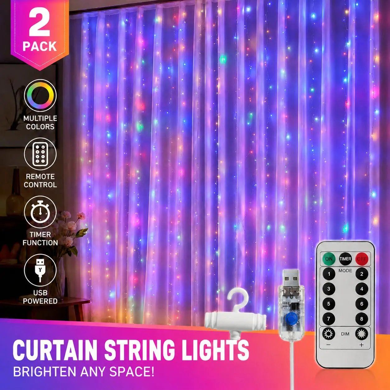 Mitlands Curtain Lights, 300 LED Dimmable Fairy Lights with Remote and Timer, 8 Modes, USB Powered String Lights for Room Wall Party Xmas Indoor Decor, Multicolor