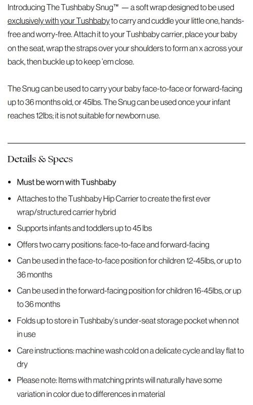 Tushbaby Hip Seat Hands-Free Attachment- Baby and Toddler Carrier Up to 36 Months or 45 Pounds Tushbaby Hip Seat Hands-Free Attachment- Baby and Toddler Carrier Up to 36 Months or 45 Pounds