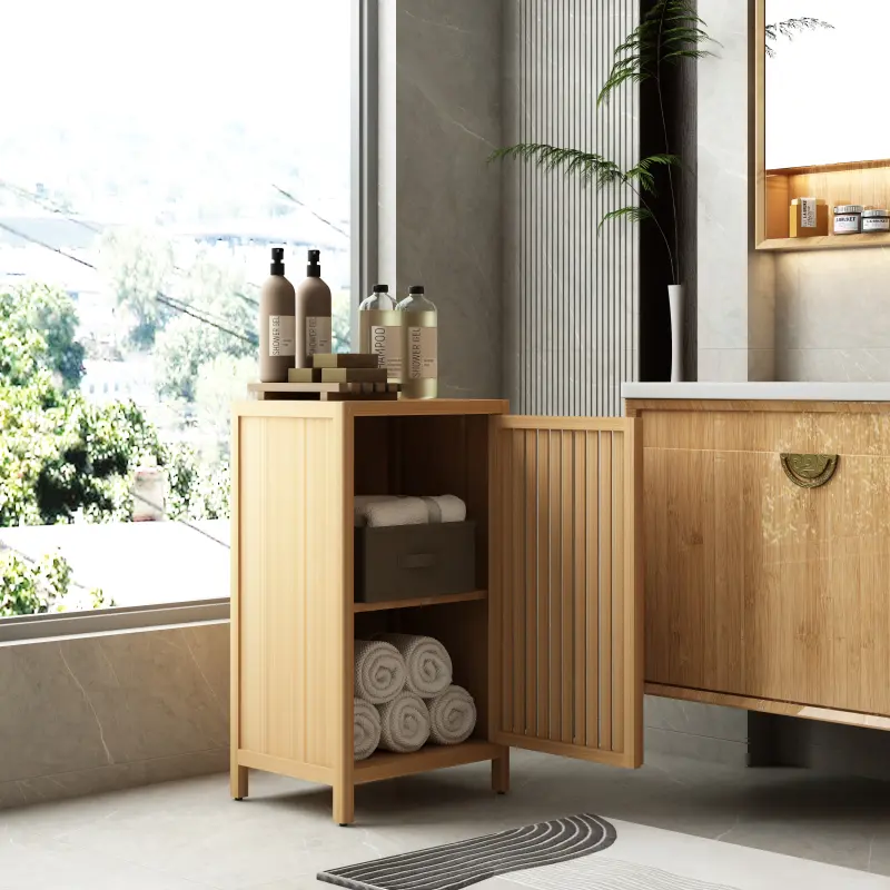 Bamboo Freestanding Indoor Floor Cabinet - 16.54x12.99x29.53 in, 15.87 lbs, Space-Saving with Door & Shelf for Small Bathrooms, Kitchen Use, No