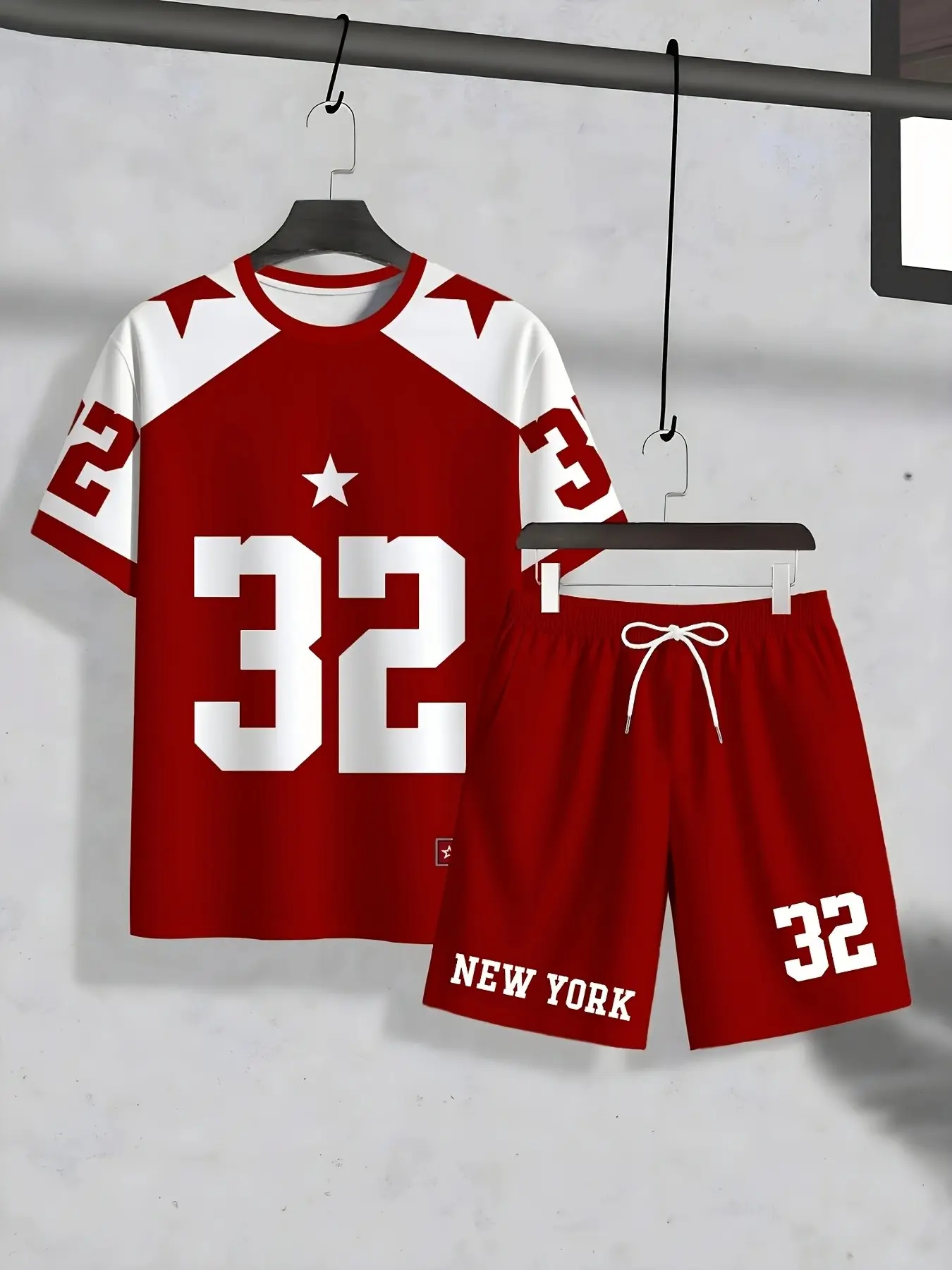 Kids' and Colorblock Short Sleeve Track Pants, Bold '32' Number, Star Prints, American Retro Style, Casual Fitted Suit