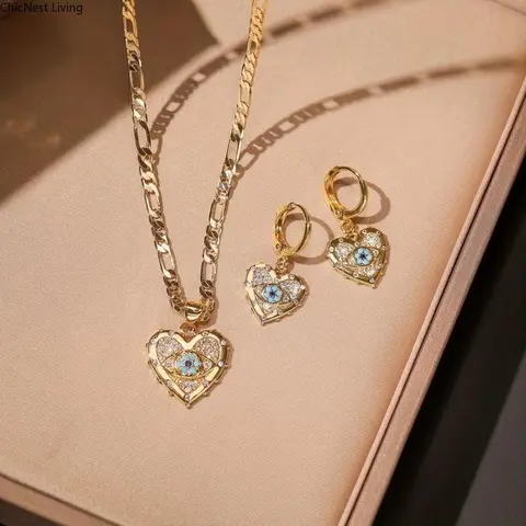 Women's 2-Pc 14K Gold Plated Open Twist Eternity Evil Eye Pendant Chain Jewellery Gift Set - Matching Copper Zircon Glossy Necklaces, Environmentally Friendly Electroplating, Vintage Party Wear Accessory