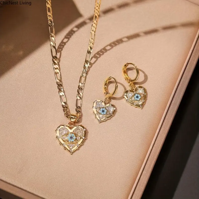 Women's 2-Pc 14K Gold Plated Open Twist Eternity Evil Eye Pendant Chain Jewellery Gift Set - Matching Copper Zircon Glossy Necklaces, Environmentally Friendly Electroplating, Vintage Party Wear Accessory