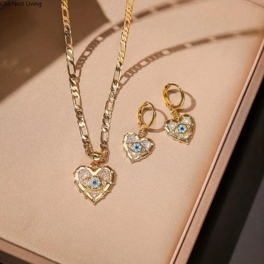2PCS 14K Gold Plated Open Twist Eternity Blue Eye Pendant Necklace For Women Luxury And Retro Style For Party Wear,summerwins