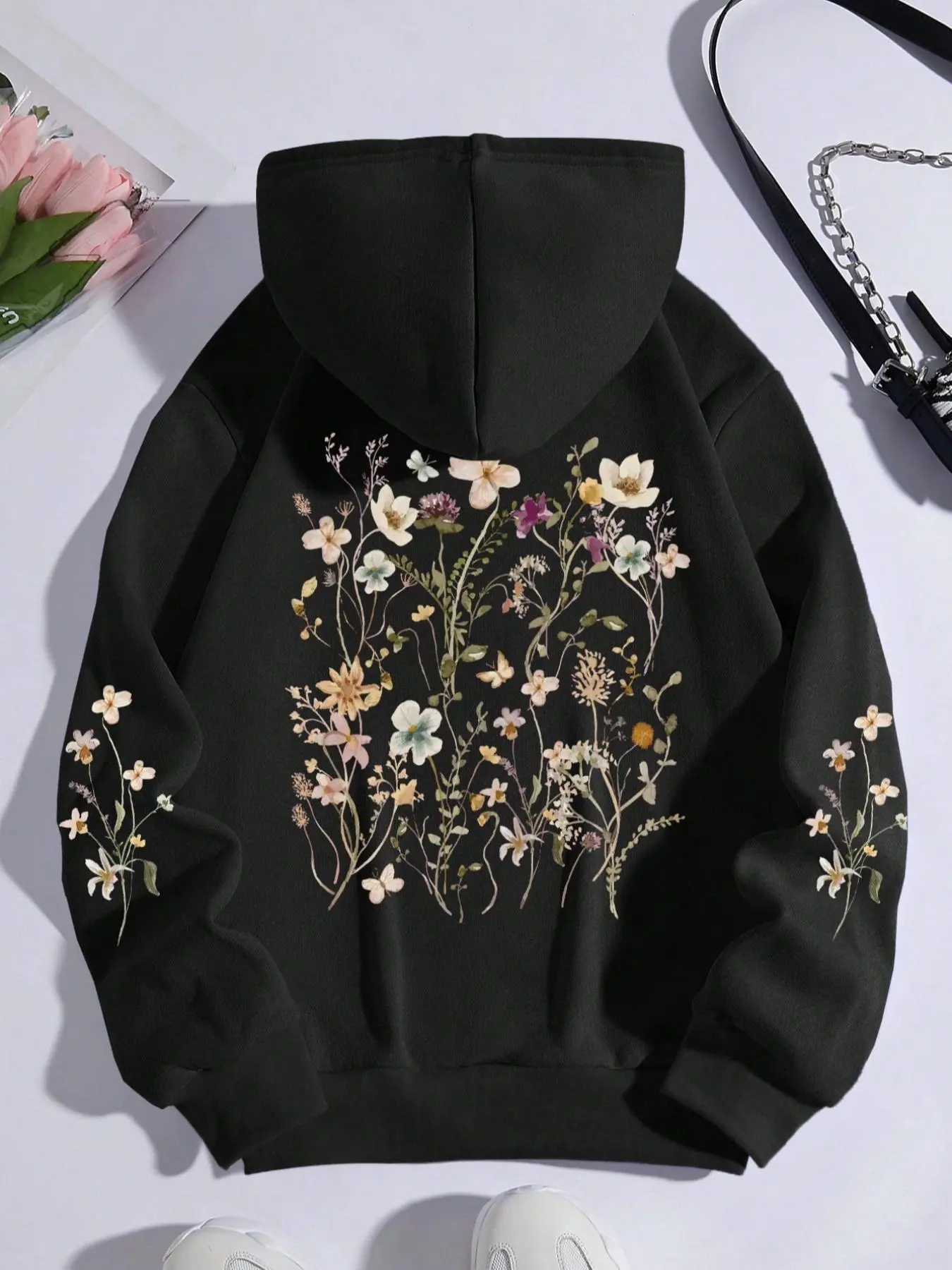 Women's Floral Print Drawstring Fit Long Sleeve Hoodie, Flower Hoodies, Fashion Casual Chic Style Pocket Hooded Sweatshirt for Daily Outdoor Wear, Women's Clothing for Fall & Winter, Womenswear