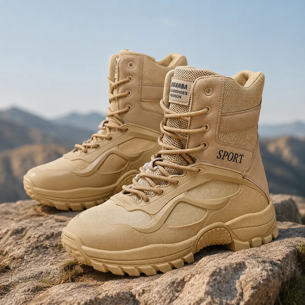 Waterproof Hiking Boots for Men Outdoor Comfort Tactical Style Boots with Breathable Mesh and Anti-Skid Sole, Walking Shoes, Footwear, Minimalist, Laces, Round Toe, Casual, Athletic, Pu Leather, Anti-Slip Sole, Closed, High-Top Boot