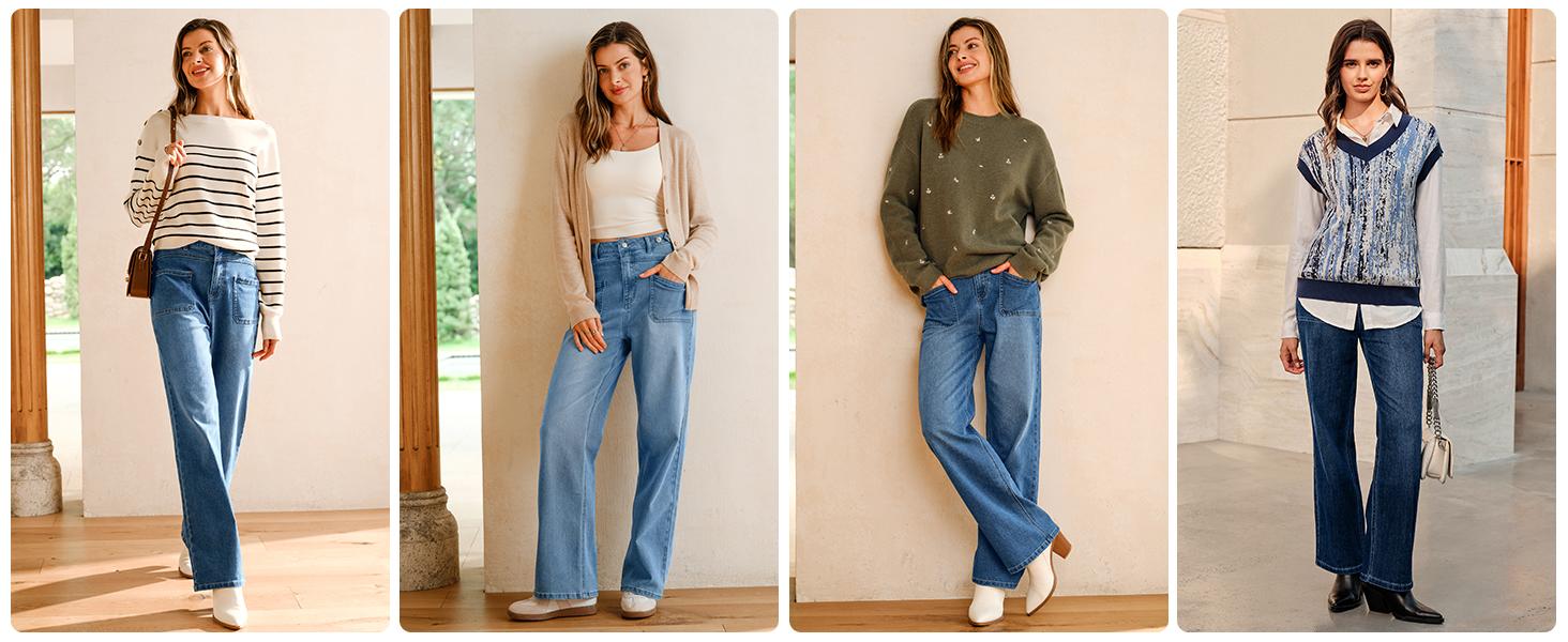 Arach&Cloz Women's Denim Adjustable Waist Buttons High Waisted Wide Leg Jeans 2026