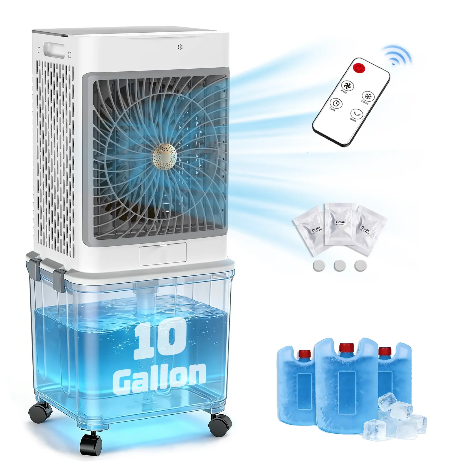 2026 Upgraded Windowless Portable Evaporative Air Cooler (Ac Unit, Portable Fan) - 10GAL Detachable Tank, 120° Oscillation, Ultra Quiet, Timer, Remote, 30H Cooling for Apartment, Garage, Swamp Cooler