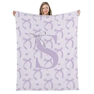 Purple Bow Letter Combination (A-H) Printed Letter Pattern Blanket, Soft Comfortable Sofa Bed Cover, Lucky Letters Name Initial Decor Gift