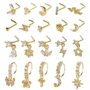[20Pcs Stainless Steel Dangle Rings] 20Pcs 20G Dangle Nose Ring L Shaped Dangling Nose Stud For Women Stainless Steel CZ Flower Dangle Hoops Diamond Cutz Grillz Heart Design ChainGift Body Piercings Set（gift）