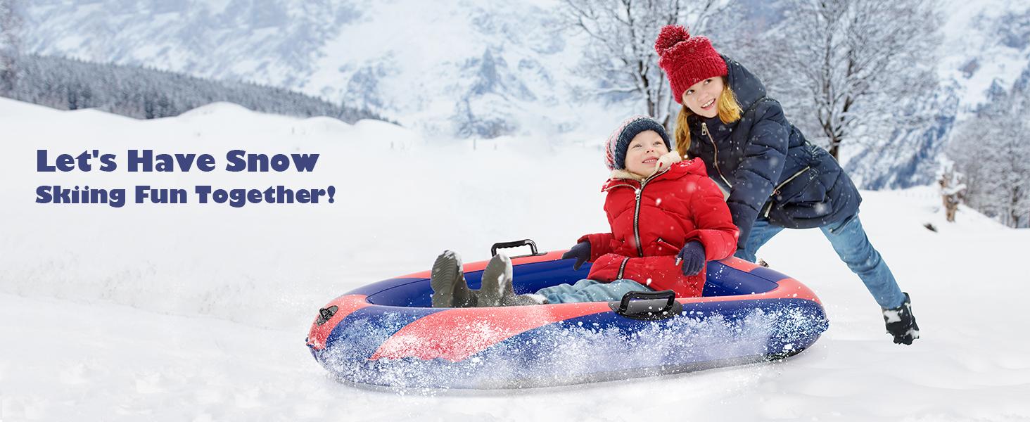 QPAU Inflatable Snow Sled Heavy Duty Snow Tube with Reinforced Handles for Kids and Adults 48.5 Inch Winter Toys Gifts Toboggan for Family Outdoor Sledding