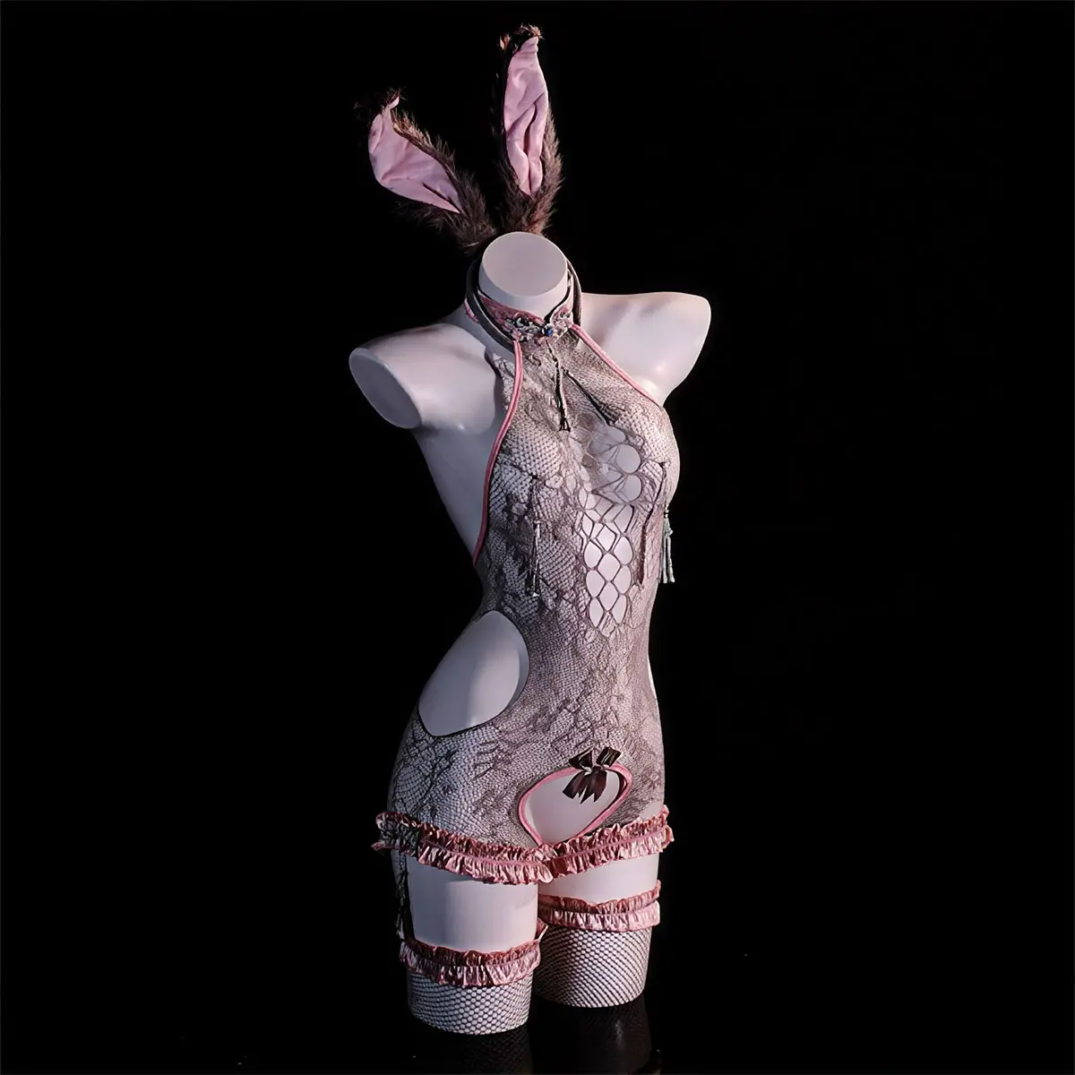 Sexy Lingerie Bodysuit for Women, Cheongsam-Inspired Lightweight Mesh, Backless Ruffled Bunny Costume for Nightclub Wear, Fashion, Fabric
